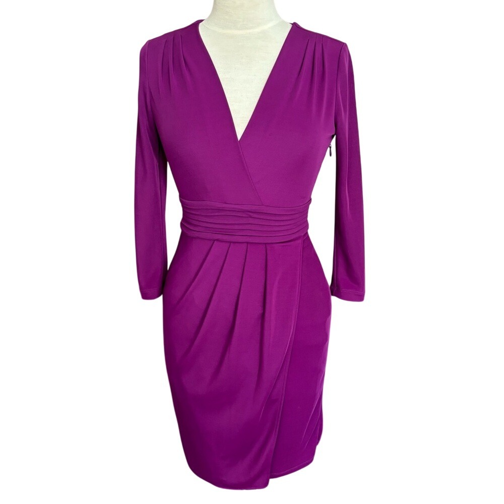 BCBGMaxAzria Magenta Bodycon V-Neck‎ Mid Length 3/4 Sleeve Dress XS